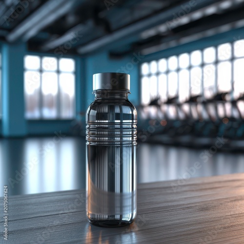 Water bottle stands on a wooden surface in a gym with windows showing exercise equipment in the background