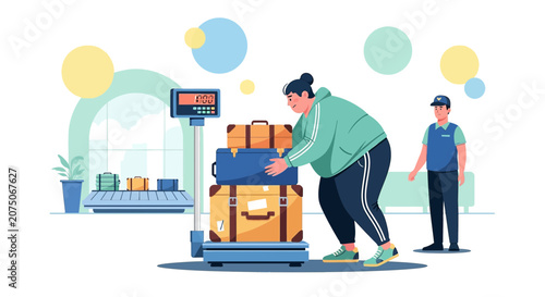 Traveler Weighing Luggage at Airport Check-in Counter with Staff Member