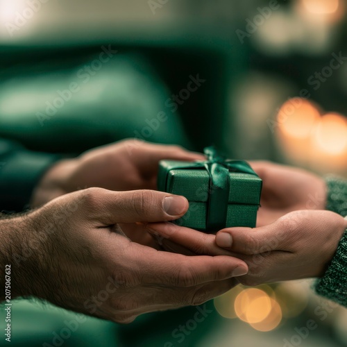 Person gives a small green gift box to another person during a festive occasion in a cozy indoor setting