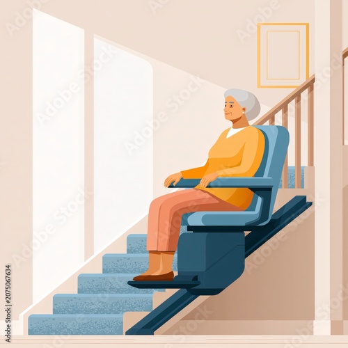 Senior woman uses stairlift to move up staircase in a home setting during daytime