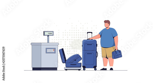 Traveler weighing luggage at airport check-in counter
