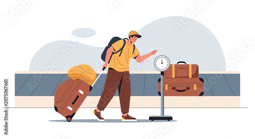 Traveler weighing luggage on baggage scale near airport carousel, vacation trip