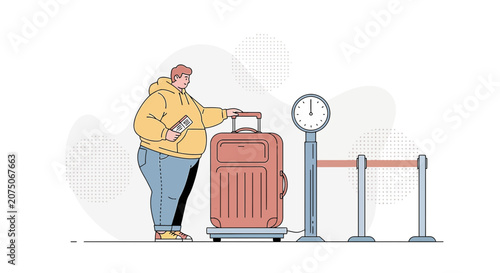 Traveler weighing luggage at airport check-in counter, illustration