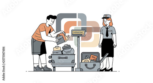 Traveler weighing luggage with airport staff supervising, vector illustration.