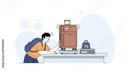 Traveler Weighing Overweight Luggage at Airport Check-in Desk - Cartoon Illustration
