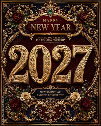 Happy New Year 2027 Greeting Card with Ornate Gold Floral Frame and Elegant Vintage Roses