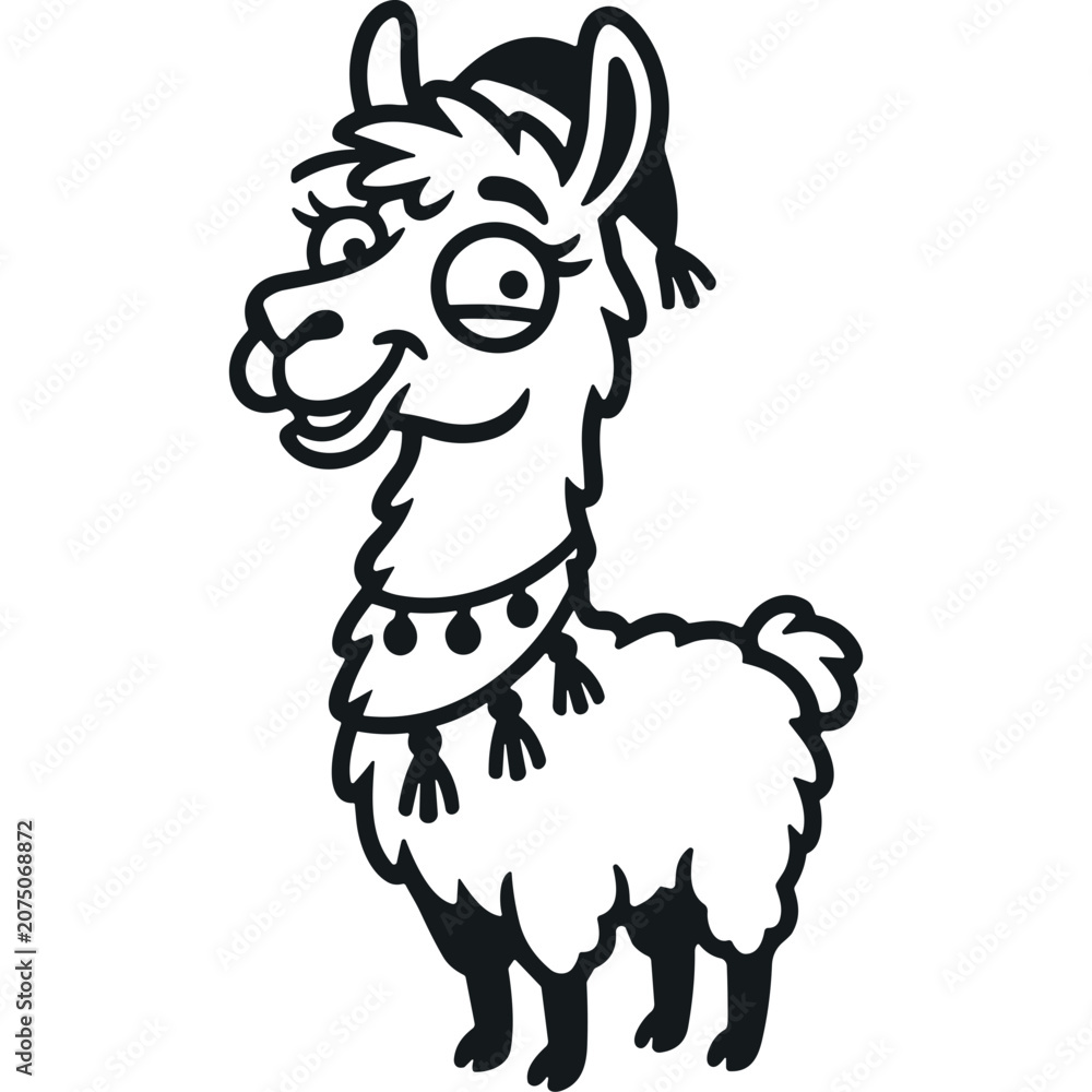 Fototapeta premium Cartoon llama wearing decorative winter hat and collar.