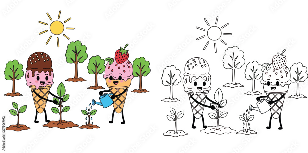 Fototapeta premium Cute Ice Cream Cones Gardening Under the Sun - Colored and Outline Versions