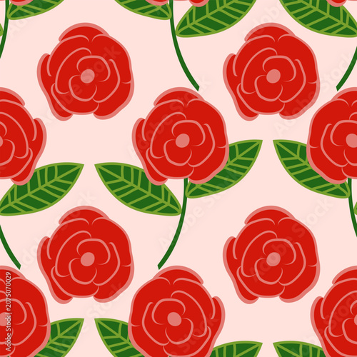 Red roses with green leaves on a light pink background form a seamless pattern for textiles, wrapping paper, etc. Vector