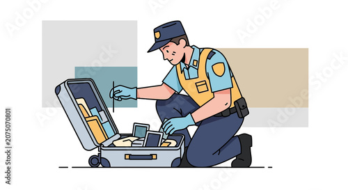 Security officer inspecting luggage at airport, searching baggage for prohibited items