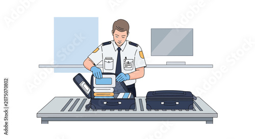 Security officer inspecting luggage at airport x-ray scanner. Travel safety.