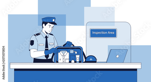 Security Officer Inspecting Luggage at Inspection Area with Laptop
