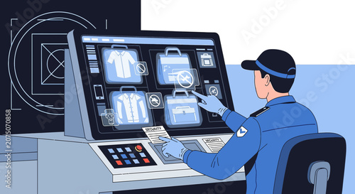 Security officer inspecting luggage on a digital screen at airport