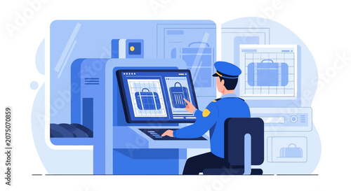 Security Officer Inspecting Luggage Scan at Airport X-ray Machine