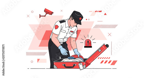 Security Officer Inspecting Luggage with Surveillance Cameras