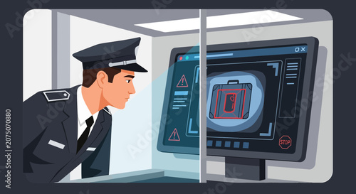 Security Officer Inspecting Luggage Scan on Computer Screen
