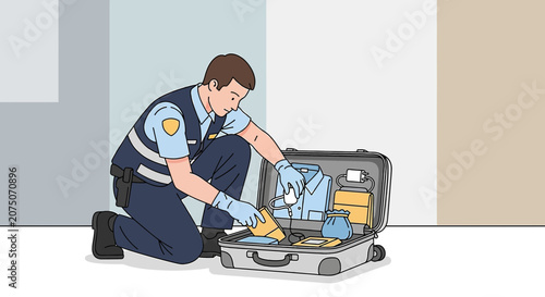 Security officer inspecting open suitcase with clothes and personal items at airport