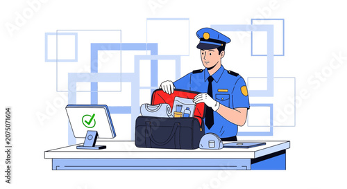 Security guard inspecting luggage at airport checkpoint, illustration