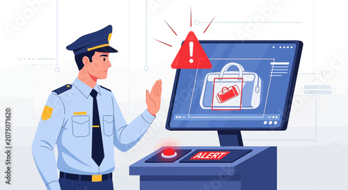 Security Guard Inspecting Luggage on X-Ray Machine with Alert Icon
