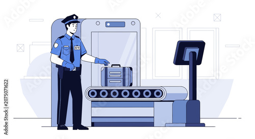 Security Guard Inspecting Luggage at Airport Scanner