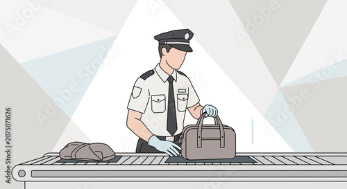 Security Guard Inspecting Luggage at Airport Conveyor Belt