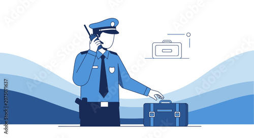 Security Guard Inspecting Luggage with Radio, Airport or Border Control