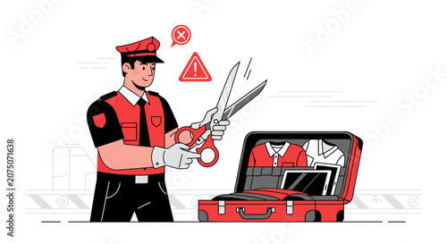 Security Guard Inspecting Luggage, Cutting Prohibited Items
