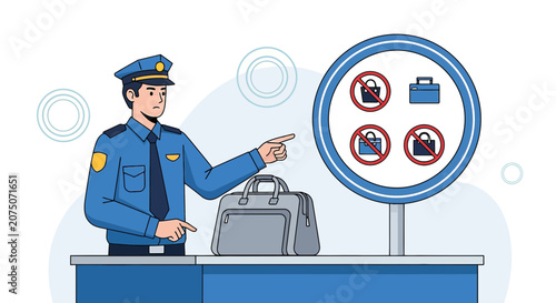 Security Guard Inspects Luggage at Checkpoint, Rules Displayed