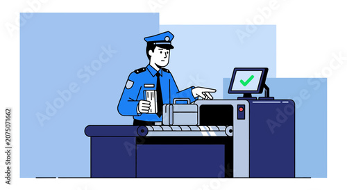 Security Guard Inspects Luggage at X-ray Scanner in Airport