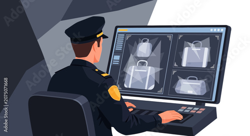 Security guard inspects luggage on monitor, airport screening, safety inspection