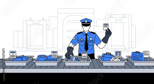 Security Guard Inspects Luggage On Conveyor Belt At Airport