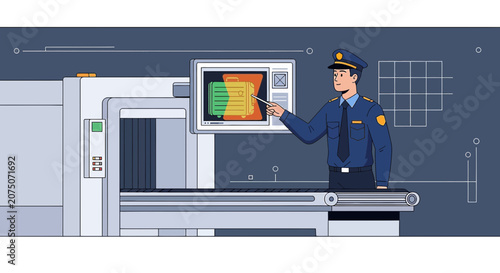 Security Guard Inspects Luggage X-ray Scan at Airport Checkpoint