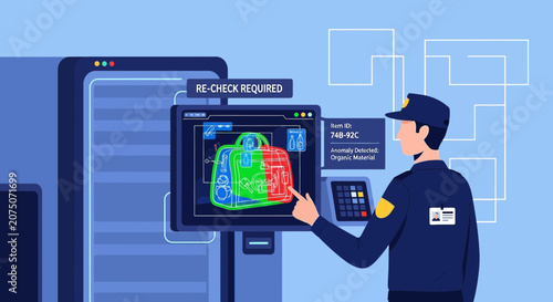 Security Guard Inspects Luggage Scan Image on Screen, Airport Safety