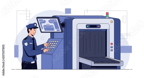 Security guard operating airport scanner, travel safety concept