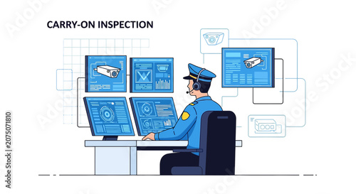 Security guard monitors surveillance cameras on monitors in control room