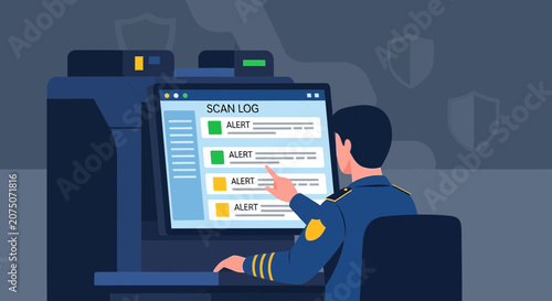 Security guard monitors scan log on computer for alerts