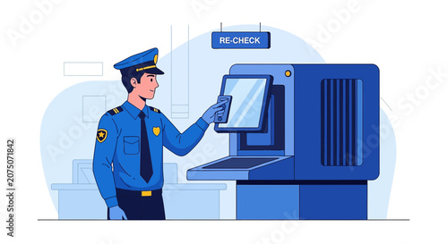 Security Guard Re-Checking Item at Airport Scanner