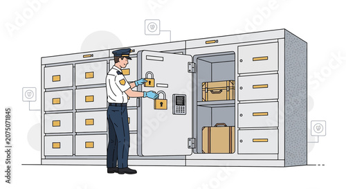 Security guard protecting safe deposit boxes with valuables safeguarded.