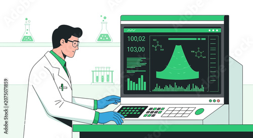 Scientist Working in Lab on Computer Analyzing Data and Graphs