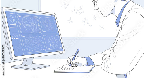 Scientist Working at Computer, Writing Notes, Molecular Structures in Background