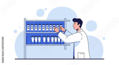 Scientist organizing medicine bottles in a laboratory