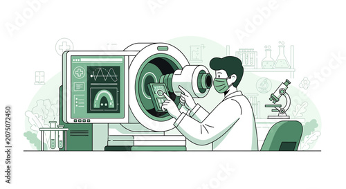 Scientist operating MRI machine with brain scan on monitor in laboratory