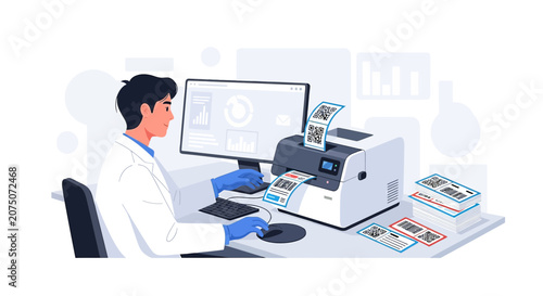 Scientist Printing Barcode Labels in Laboratory on Computer