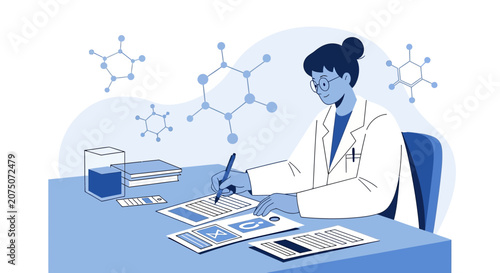 Scientist Researching, Writing, Lab Equipment, Molecules, Blue Tones