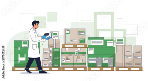 Scientist scanning inventory in a warehouse with organized boxes and pallets