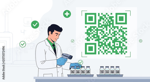 Scientist scanning QR code on vaccine vial in laboratory