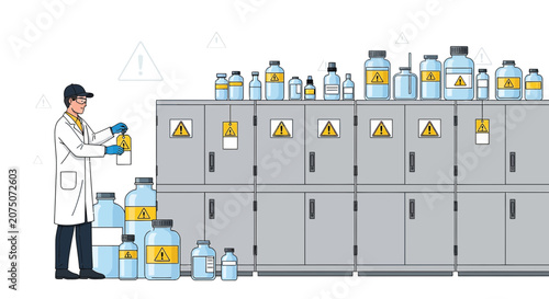 Scientist with chemicals, laboratory storage, warning signs, research safety