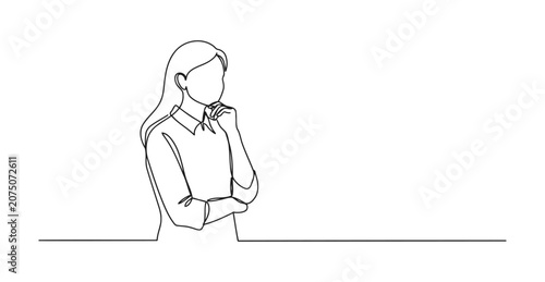 Foto Minimalist continuous line art of pensive woman looking away with thinking, thou