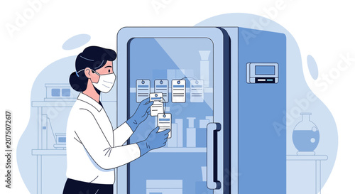 Scientist with medical supplies in a laboratory refrigerator