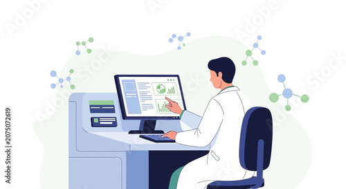 Scientist analyzing data on computer in modern laboratory with molecules